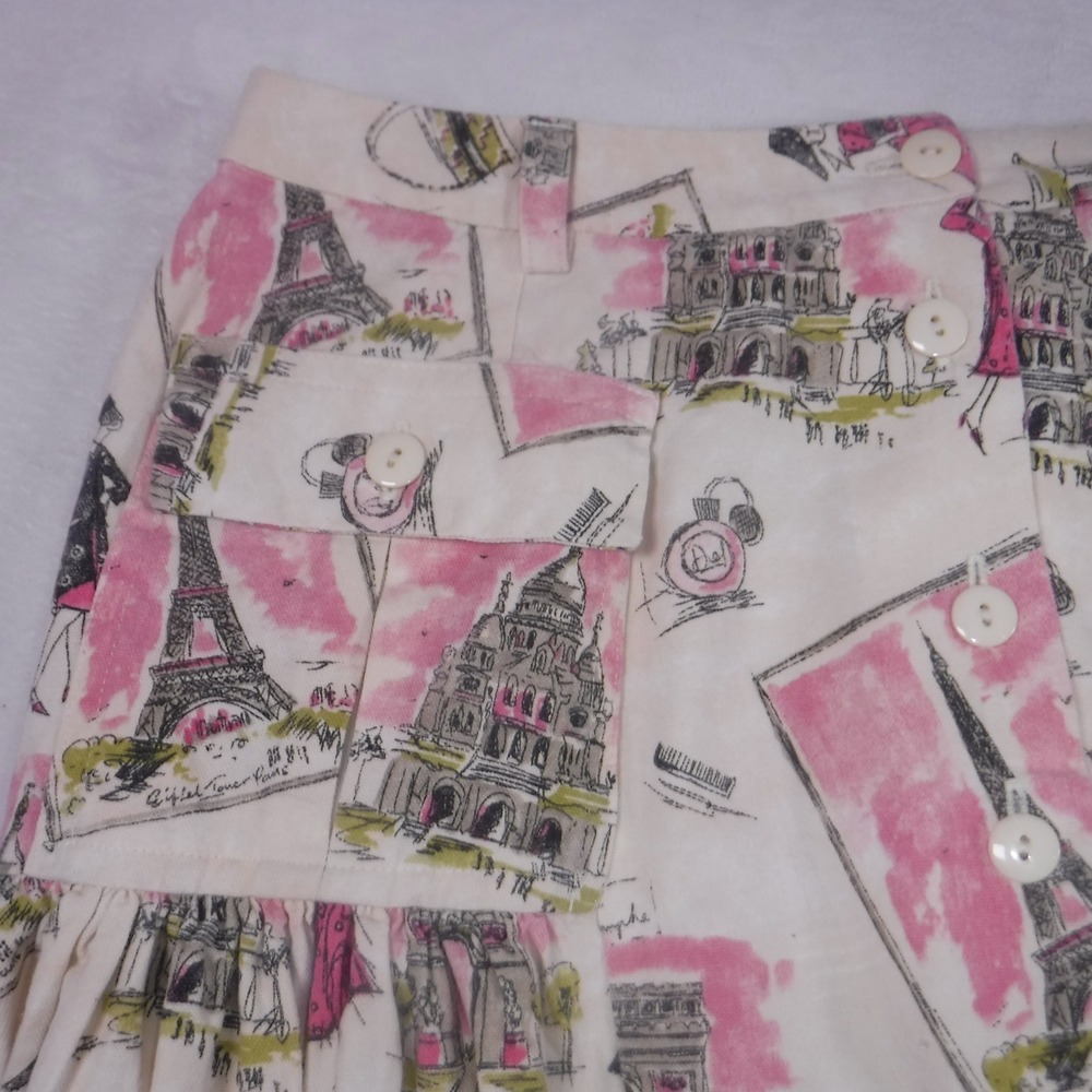 Vintage Paris Novelty Print Button Front Midi Skirt Pink White Eiffel Tower - Picture 6 of 11
